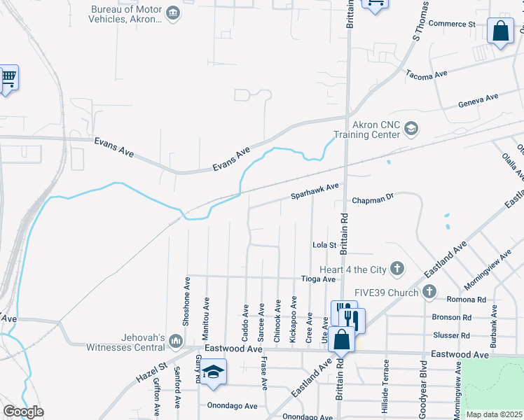 map of restaurants, bars, coffee shops, grocery stores, and more near 1224 Sparhawk Avenue in Akron