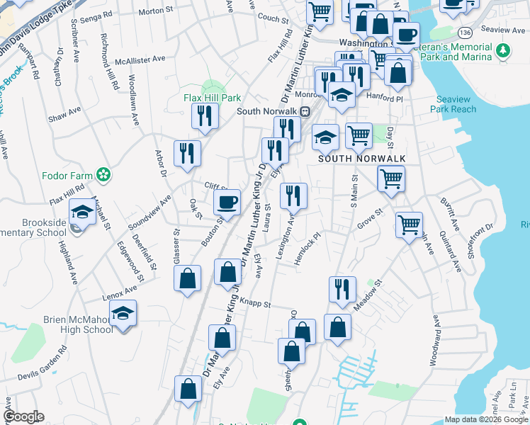 map of restaurants, bars, coffee shops, grocery stores, and more near 9 Laura Street in Norwalk