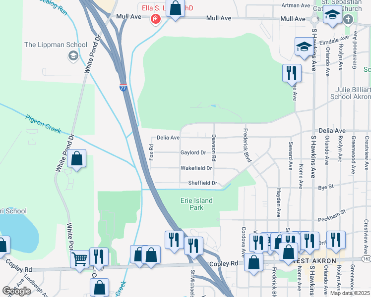 map of restaurants, bars, coffee shops, grocery stores, and more near 1793 Gaylord Dr in Akron