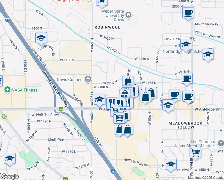 map of restaurants, bars, coffee shops, grocery stores, and more near 2100 North 1200 West in Layton