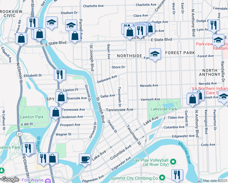 map of restaurants, bars, coffee shops, grocery stores, and more near 1708 Bayer Avenue in Fort Wayne