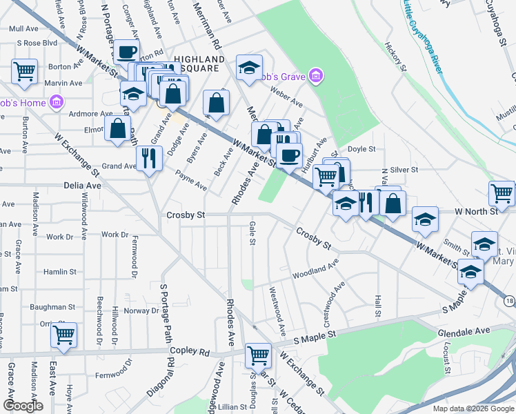 map of restaurants, bars, coffee shops, grocery stores, and more near 567 Crosby Street in Akron