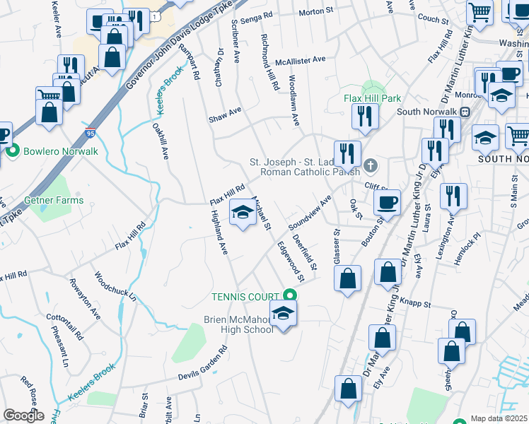 map of restaurants, bars, coffee shops, grocery stores, and more near 12 Michael Street in Norwalk