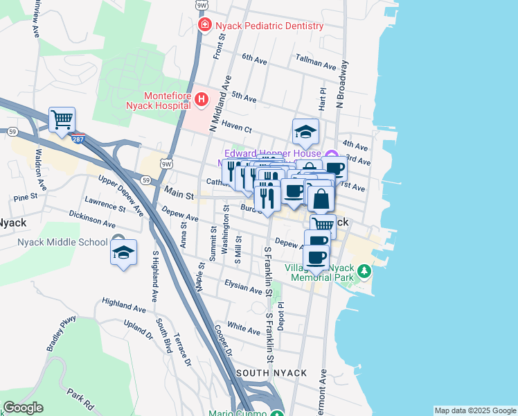 map of restaurants, bars, coffee shops, grocery stores, and more near 150 Burd Street in Nyack