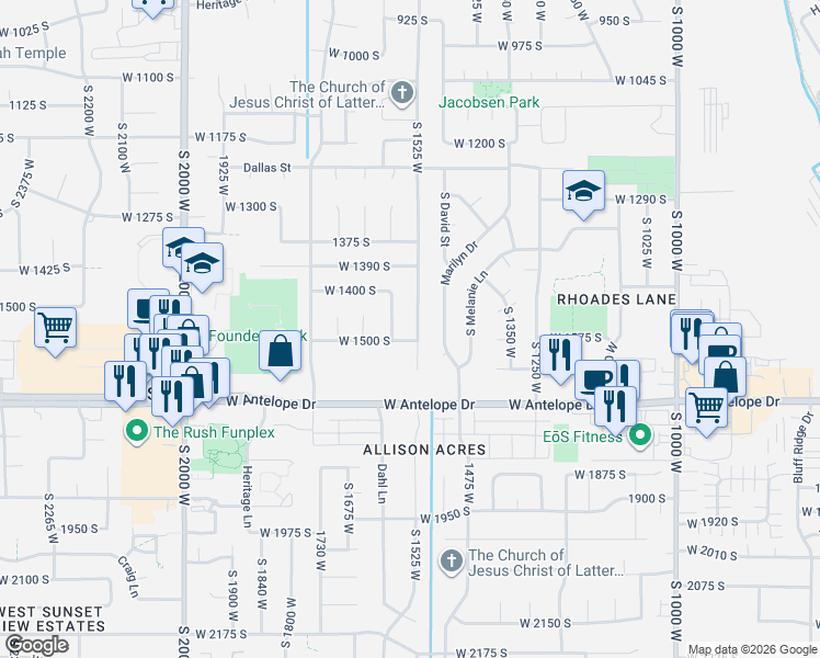 map of restaurants, bars, coffee shops, grocery stores, and more near 1546 West 1500 South in Syracuse