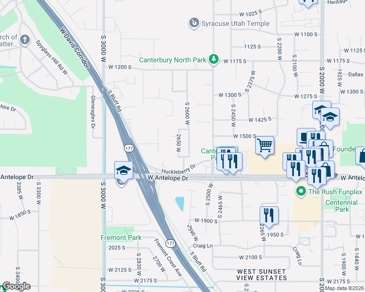 map of restaurants, bars, coffee shops, grocery stores, and more near 1567 South 2675 West in Syracuse