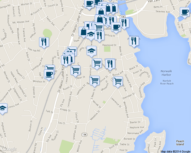map of restaurants, bars, coffee shops, grocery stores, and more near 146 South Main Street in Norwalk