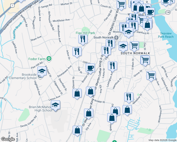 map of restaurants, bars, coffee shops, grocery stores, and more near 30 Bouton Street in Norwalk