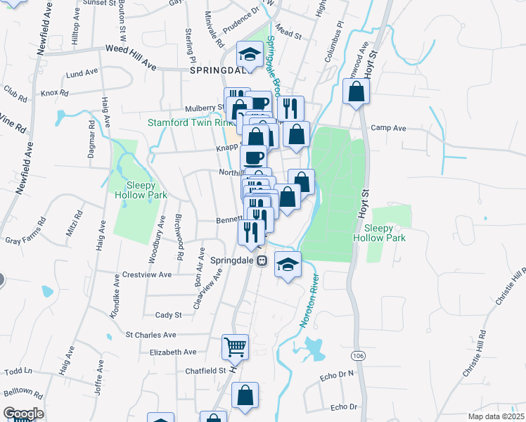 map of restaurants, bars, coffee shops, grocery stores, and more near 942 Hope Street in Stamford