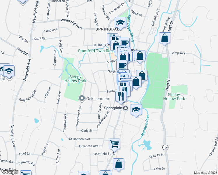 map of restaurants, bars, coffee shops, grocery stores, and more near 204 Knickerbocker Avenue in Stamford