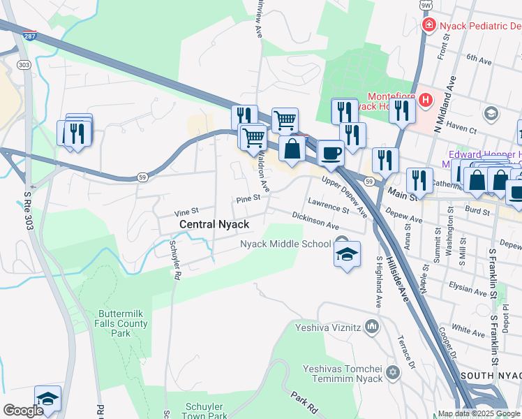 map of restaurants, bars, coffee shops, grocery stores, and more near 17 Waldron Avenue in Nyack