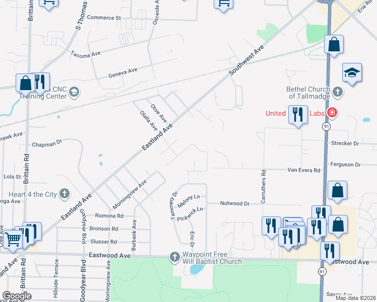 map of restaurants, bars, coffee shops, grocery stores, and more near 1141 Morningview Avenue in Akron