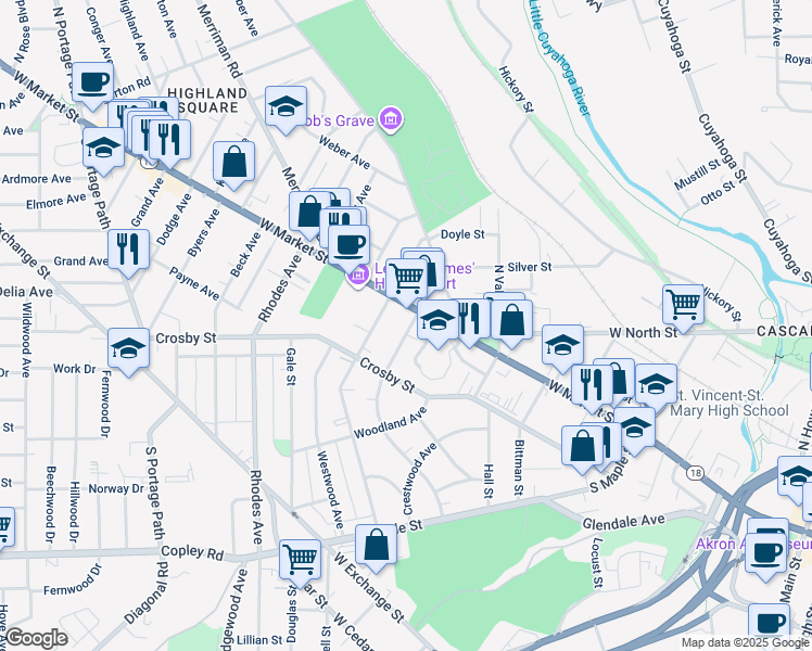 map of restaurants, bars, coffee shops, grocery stores, and more near 23 Oakdale Avenue in Akron