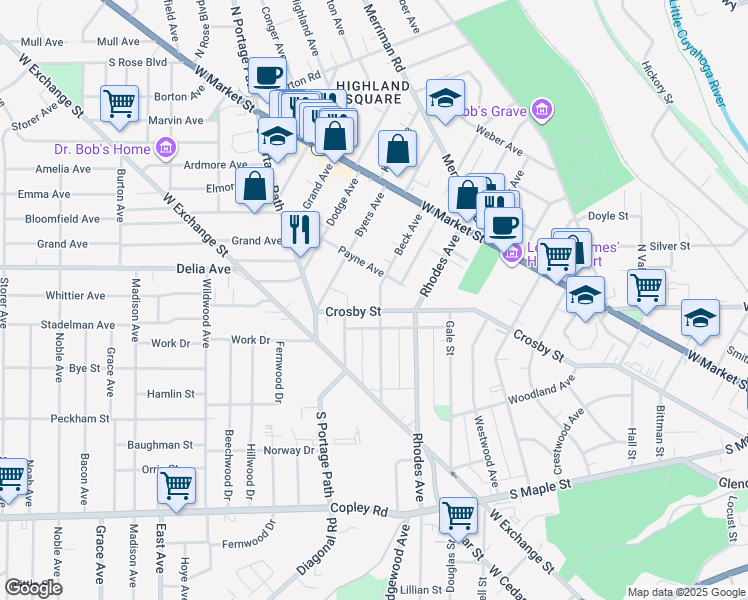 map of restaurants, bars, coffee shops, grocery stores, and more near 131 Beck Avenue in Akron