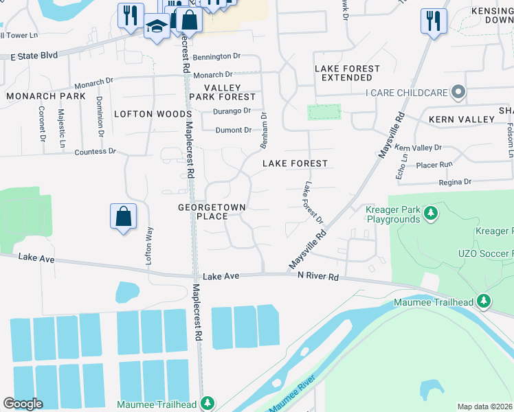 map of restaurants, bars, coffee shops, grocery stores, and more near 6606 Millwrights Court in Fort Wayne