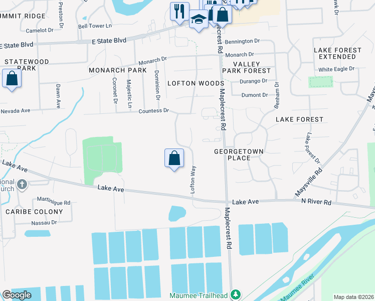 map of restaurants, bars, coffee shops, grocery stores, and more near 1607 Lofton Way in Fort Wayne