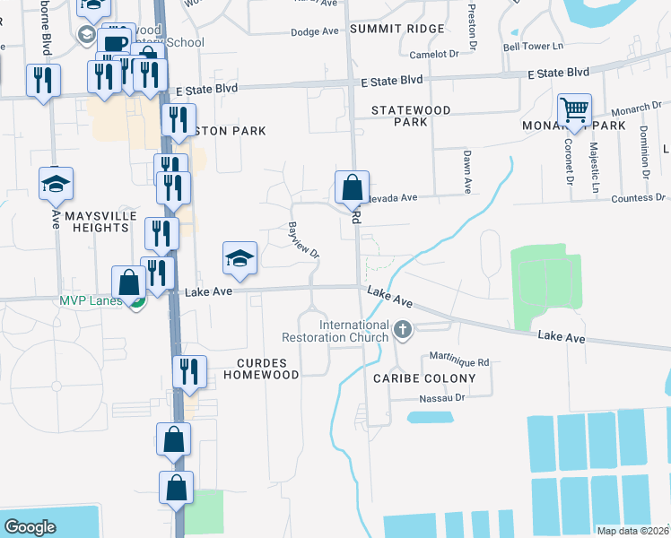 map of restaurants, bars, coffee shops, grocery stores, and more near 4631 Lake Avenue in Fort Wayne