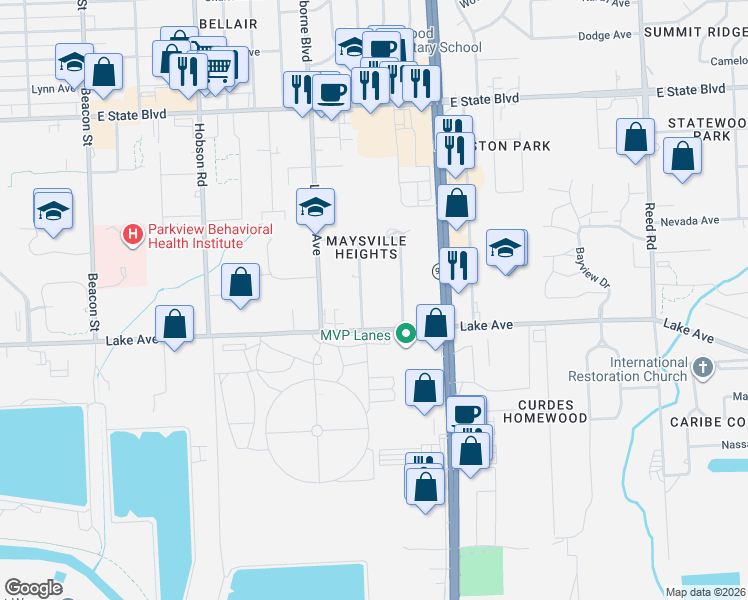 map of restaurants, bars, coffee shops, grocery stores, and more near 3737 Lake Avenue in Fort Wayne