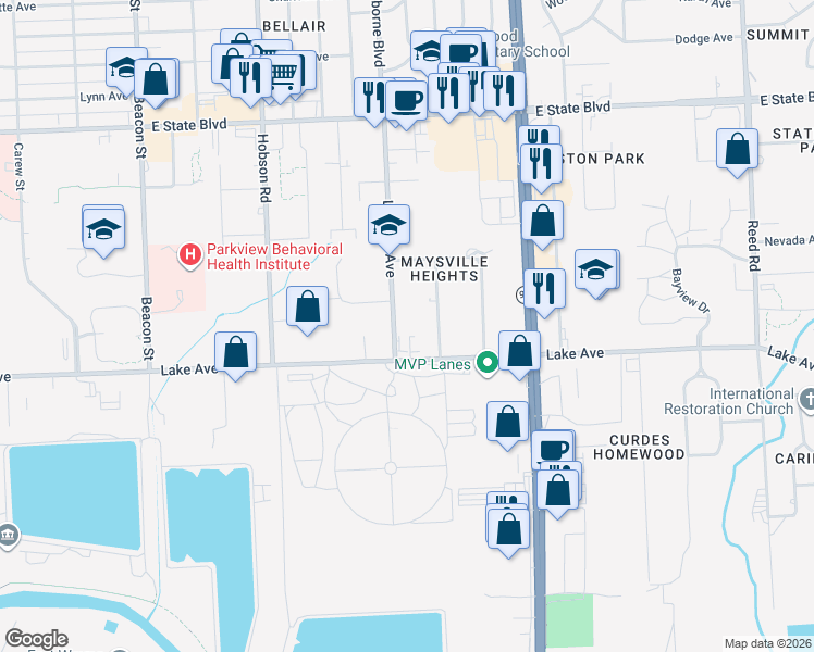 map of restaurants, bars, coffee shops, grocery stores, and more near 1515 Laverne Avenue in Fort Wayne