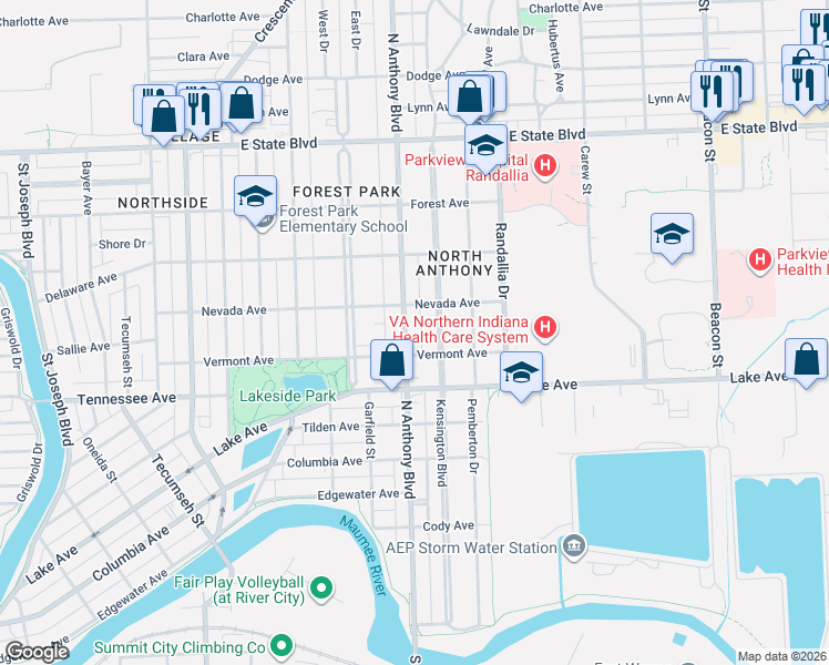 map of restaurants, bars, coffee shops, grocery stores, and more near 1607 Kensington Blvd in Fort Wayne