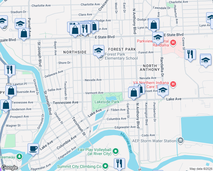map of restaurants, bars, coffee shops, grocery stores, and more near 1614 Alabama Ave in Fort Wayne