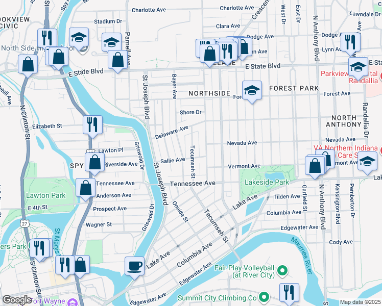 map of restaurants, bars, coffee shops, grocery stores, and more near 1023 Sallie Avenue in Fort Wayne