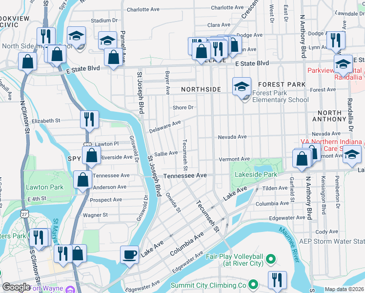 map of restaurants, bars, coffee shops, grocery stores, and more near 1023 Sallie Avenue in Fort Wayne