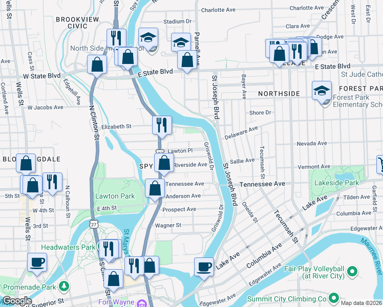 map of restaurants, bars, coffee shops, grocery stores, and more near 629 Riverside Avenue in Fort Wayne