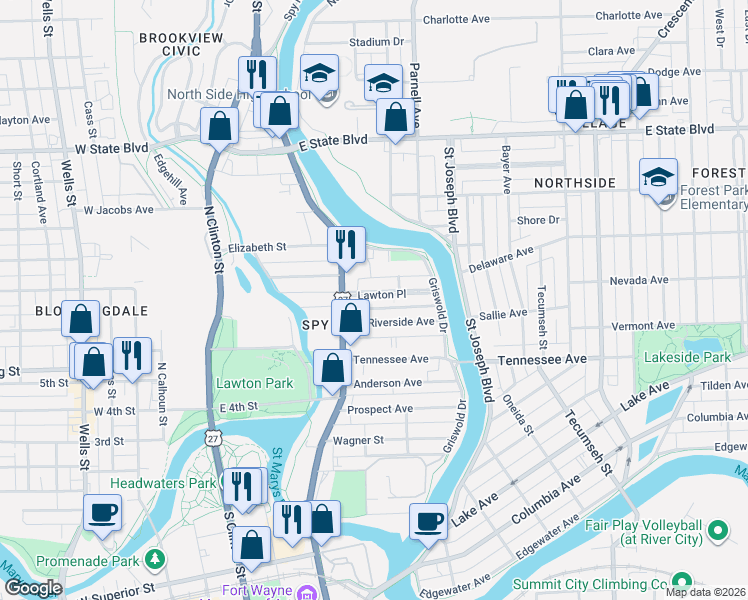 map of restaurants, bars, coffee shops, grocery stores, and more near 629 Riverside Avenue in Fort Wayne