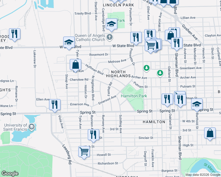 map of restaurants, bars, coffee shops, grocery stores, and more near 1701 Fairhill Road in Fort Wayne
