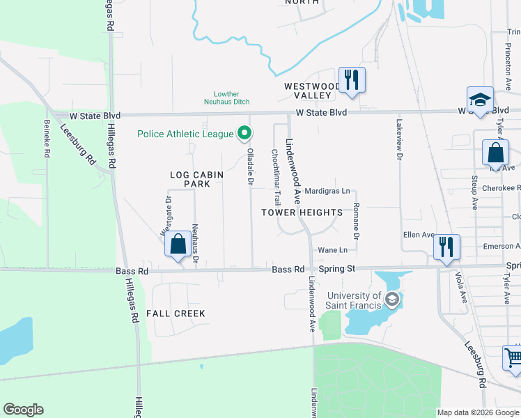 map of restaurants, bars, coffee shops, grocery stores, and more near 1743 Olladale Dr in Fort Wayne