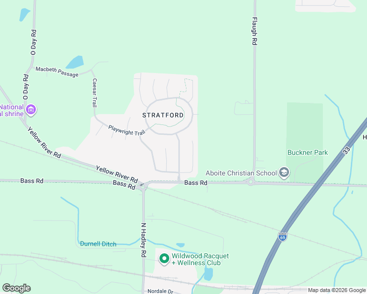 map of restaurants, bars, coffee shops, grocery stores, and more near 1802 Shakespeare Boulevard in Fort Wayne