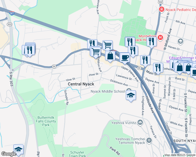 map of restaurants, bars, coffee shops, grocery stores, and more near 17 Waldron Avenue in Nyack