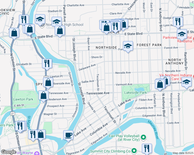 map of restaurants, bars, coffee shops, grocery stores, and more near 1023 Sallie Avenue in Fort Wayne