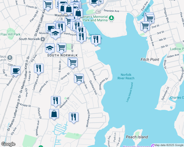 map of restaurants, bars, coffee shops, grocery stores, and more near 36 Burritt Avenue in Norwalk