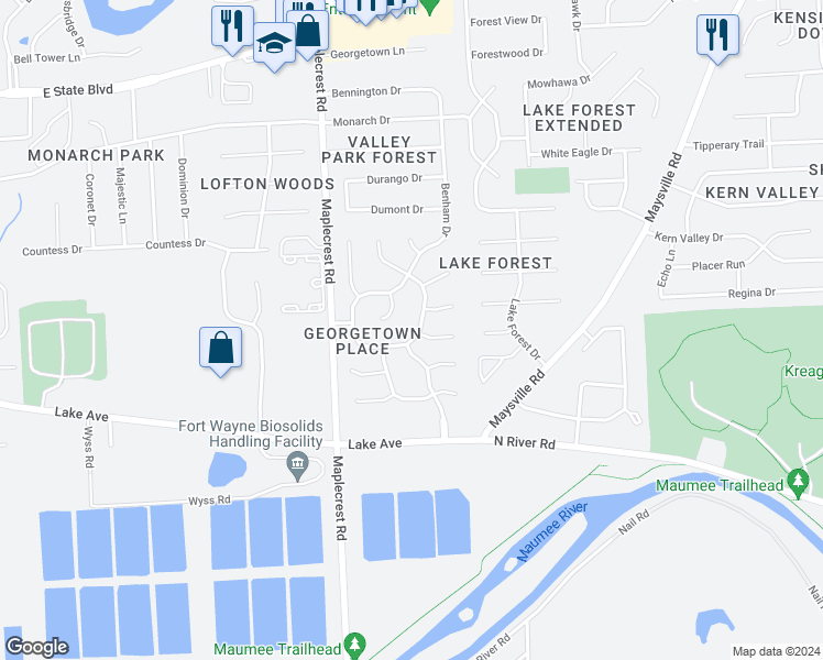 map of restaurants, bars, coffee shops, grocery stores, and more near 1307 Georgetowne Park Drive in Fort Wayne