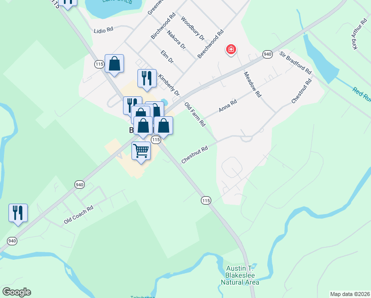 map of restaurants, bars, coffee shops, grocery stores, and more near Chestnut Rd in Blakeslee