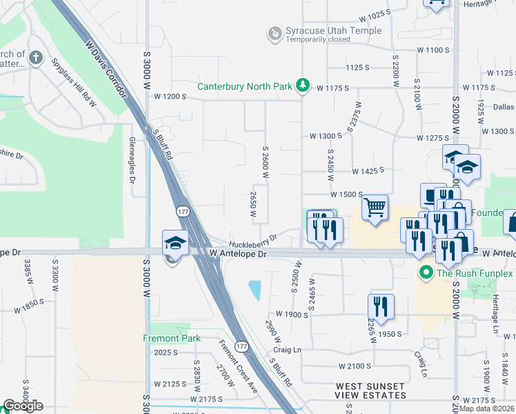 map of restaurants, bars, coffee shops, grocery stores, and more near 1547 2650 West in Syracuse