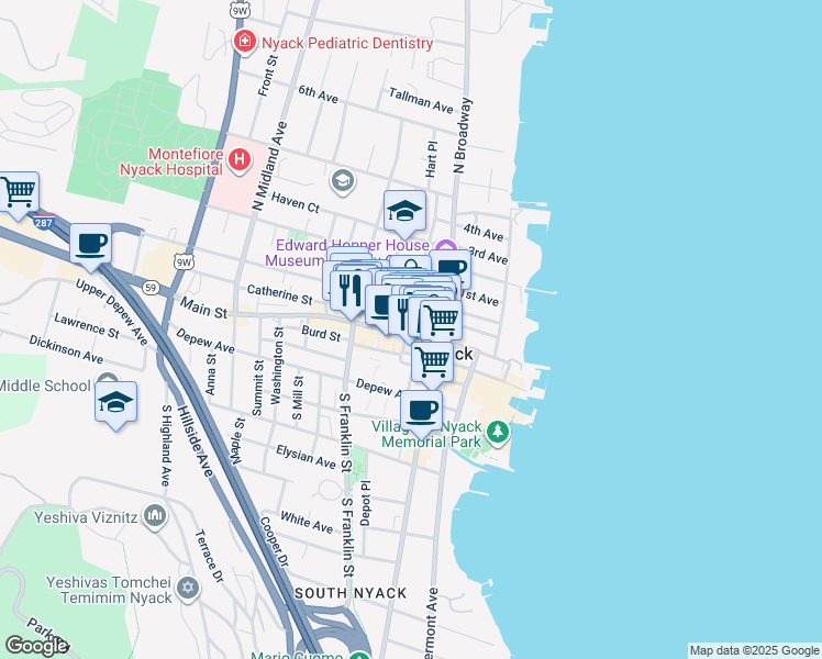 map of restaurants, bars, coffee shops, grocery stores, and more near 117 Main Street in Nyack