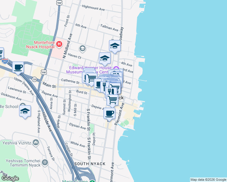 map of restaurants, bars, coffee shops, grocery stores, and more near in Nyack