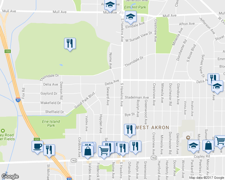 map of restaurants, bars, coffee shops, grocery stores, and more near 660 Nome Avenue in Akron