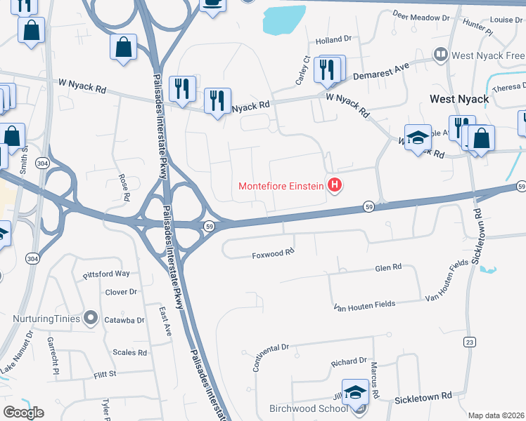 map of restaurants, bars, coffee shops, grocery stores, and more near 108 Brook Hill Drive in West Nyack