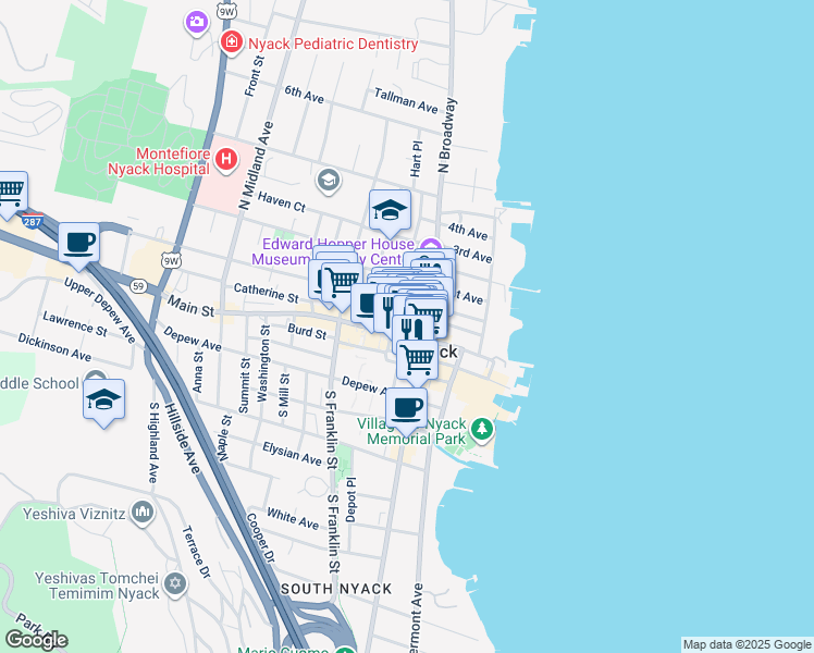 map of restaurants, bars, coffee shops, grocery stores, and more near 70 Main Street in Nyack