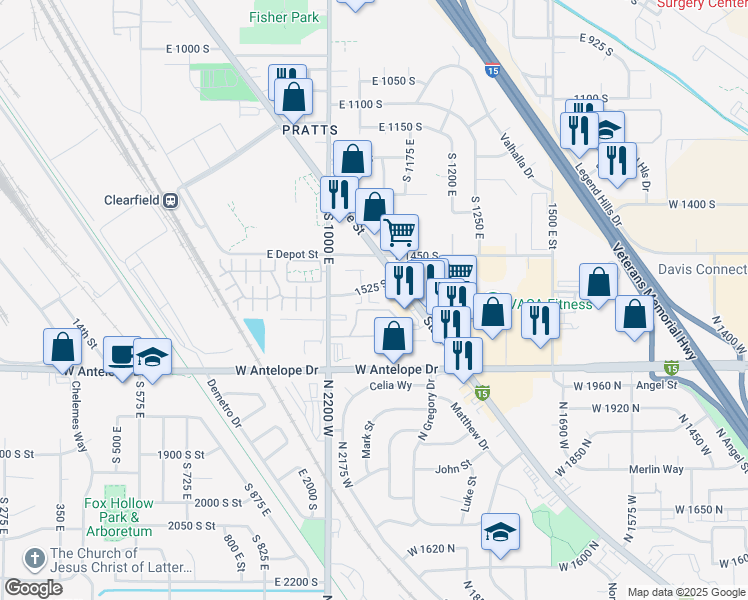 map of restaurants, bars, coffee shops, grocery stores, and more near 1100 1525 South in Clearfield