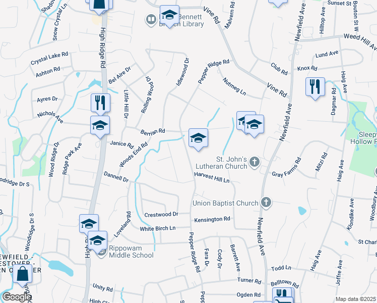 map of restaurants, bars, coffee shops, grocery stores, and more near 349 Pepper Ridge Road in Stamford