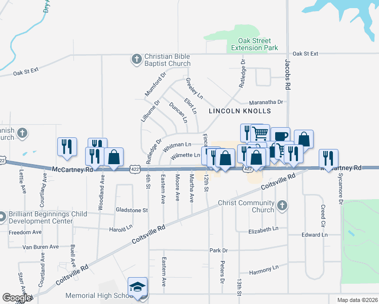 map of restaurants, bars, coffee shops, grocery stores, and more near 67 Wilmette Lane in Youngstown
