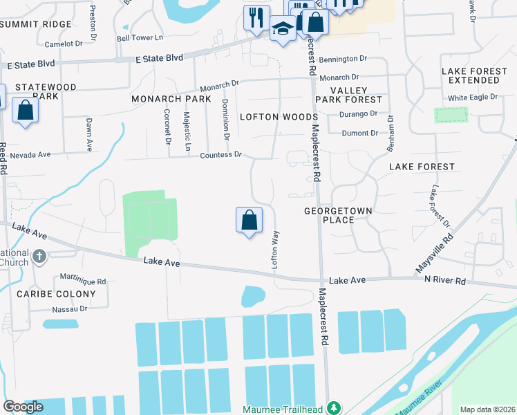 map of restaurants, bars, coffee shops, grocery stores, and more near 1607 Lofton Way in Fort Wayne