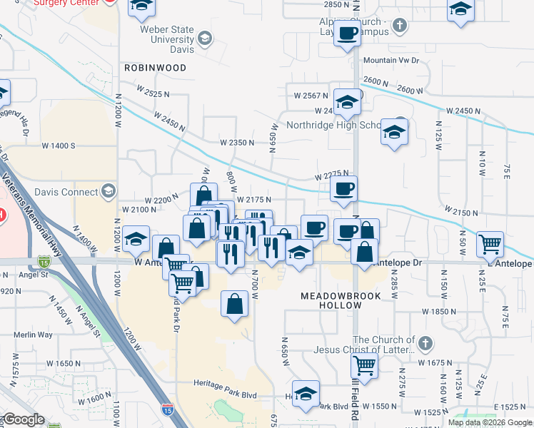 map of restaurants, bars, coffee shops, grocery stores, and more near 700 Antelope Drive in Layton