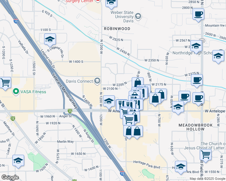 map of restaurants, bars, coffee shops, grocery stores, and more near 2100 North 1200 West in Layton