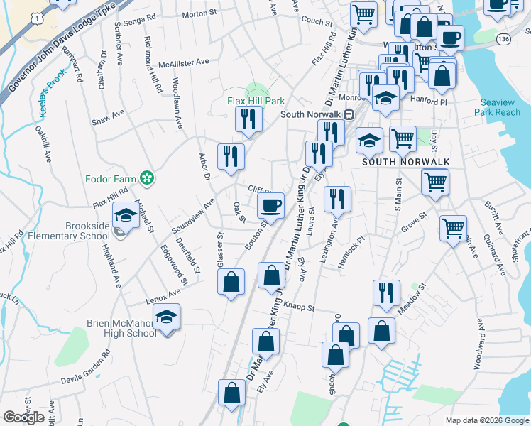 map of restaurants, bars, coffee shops, grocery stores, and more near 30 Bouton Street in Norwalk